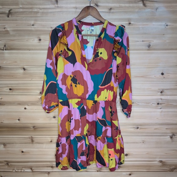 Marine Layer Dresses & Skirts - Marine Layer Floral Ruffle Tiered Mini Dress Tencel Burgundy Medium